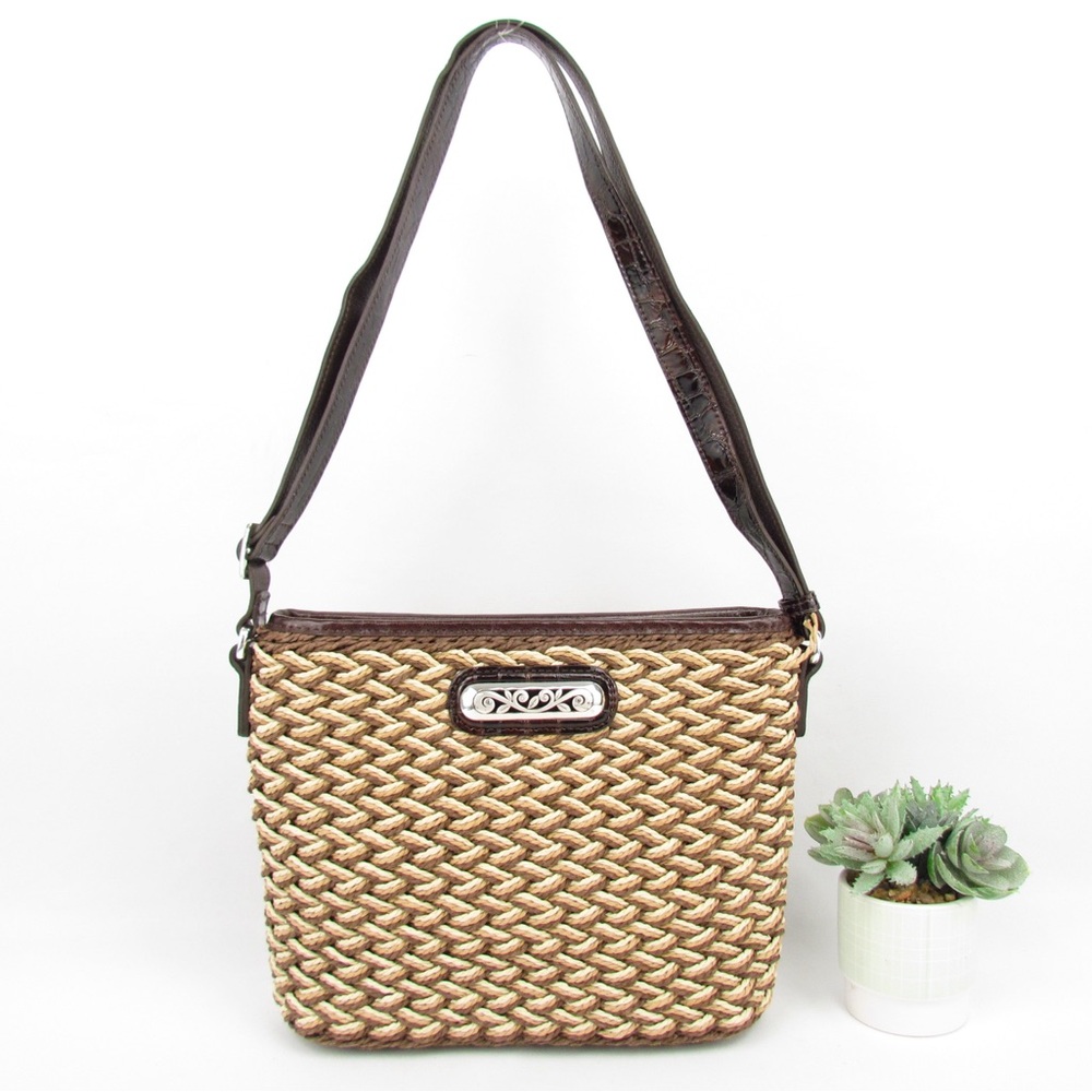 Brighton Straw Weave Shoulder Bag with Dark Brown Leather Trim